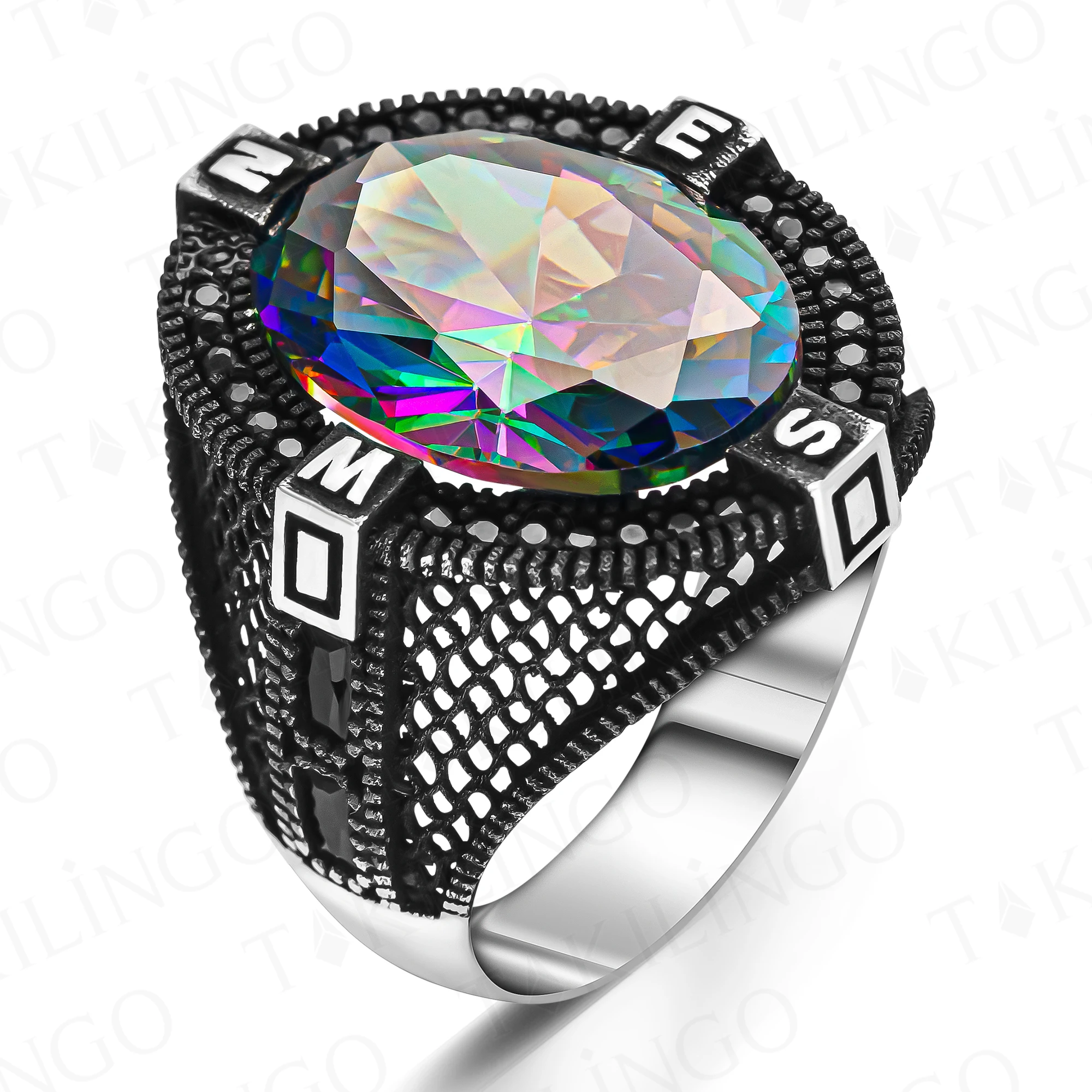 Stamped Solid 925 Sterling Silver Compass Design Oval Mystic Topaz Men's Ring Handmade Sailor Silver Jewelry Gift For Men