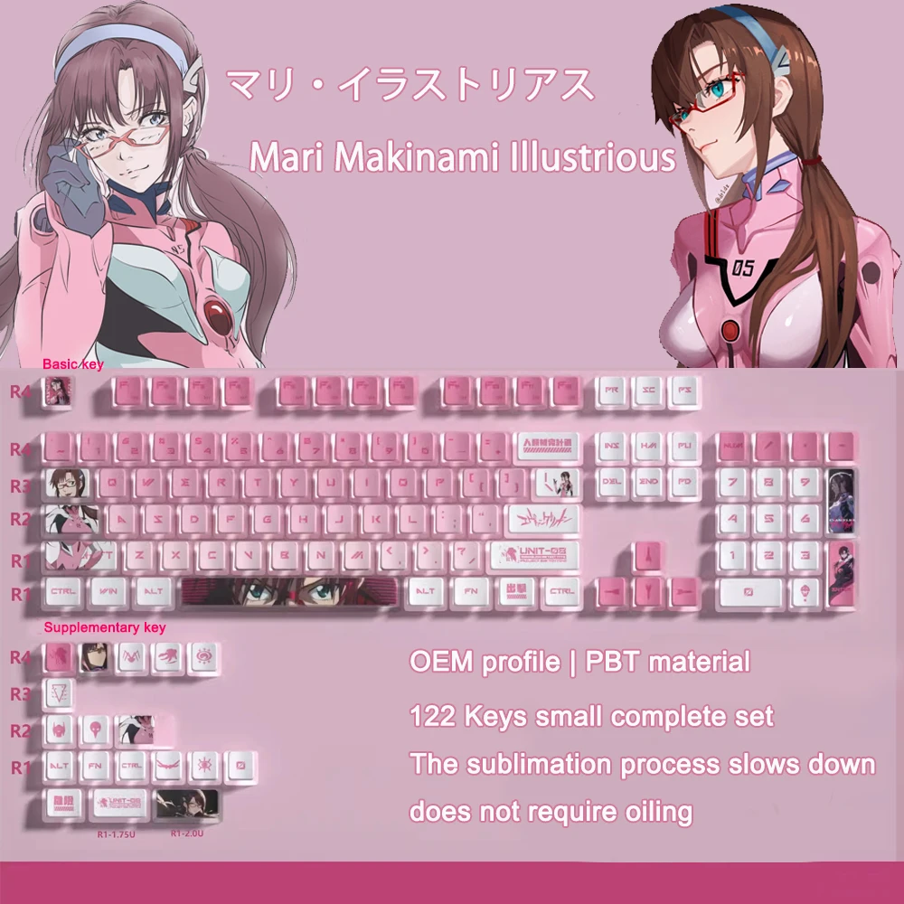 122 Keys Ayanami Rei Key Caps PBT Dye Subbed Anime Keycap Cherry Profile Keycaps Four Sided Translucent For Mechanical Keyboard