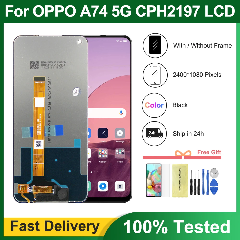 OPPO A74 5G LCD 디스플레이 터치 스크린 디지타이저 어셈블리 교체품, CPH2197, CPH2263, 6.5 인치 오리지널