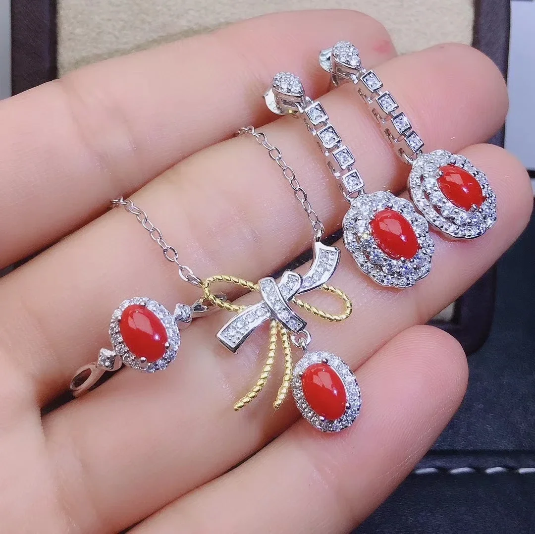 

KJJEAXCMY Women's Natural Red Coral Gem Necklace Pendant Ring Earring Set 925 Pure Silver Plated Platinum High Carbon Diamond