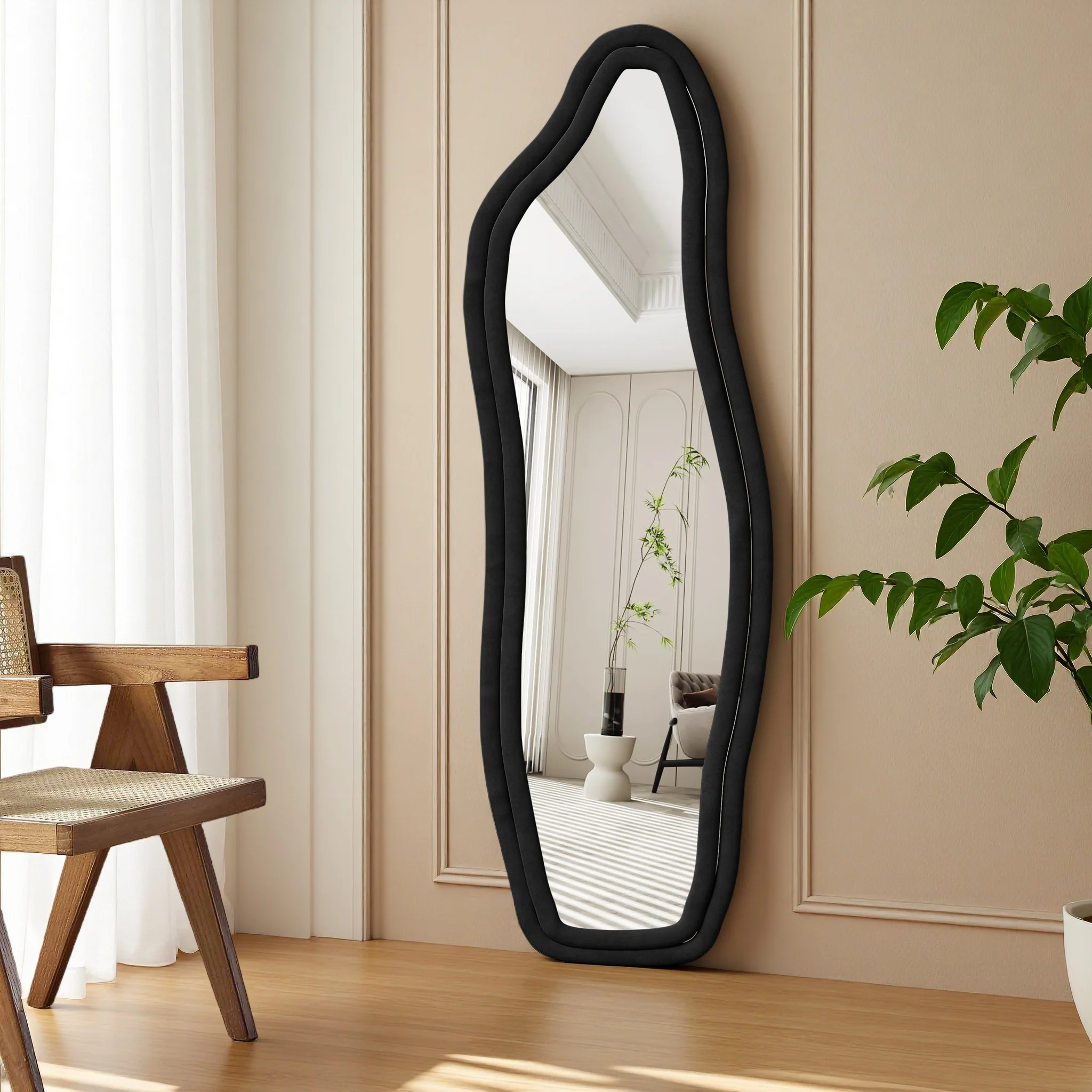 Anajqaqia 140x45cm Delfin-Spiegel, Asymmetrischer Ganzkörperspiegel, Standspiegel mit Samtrahmen, Schwarz