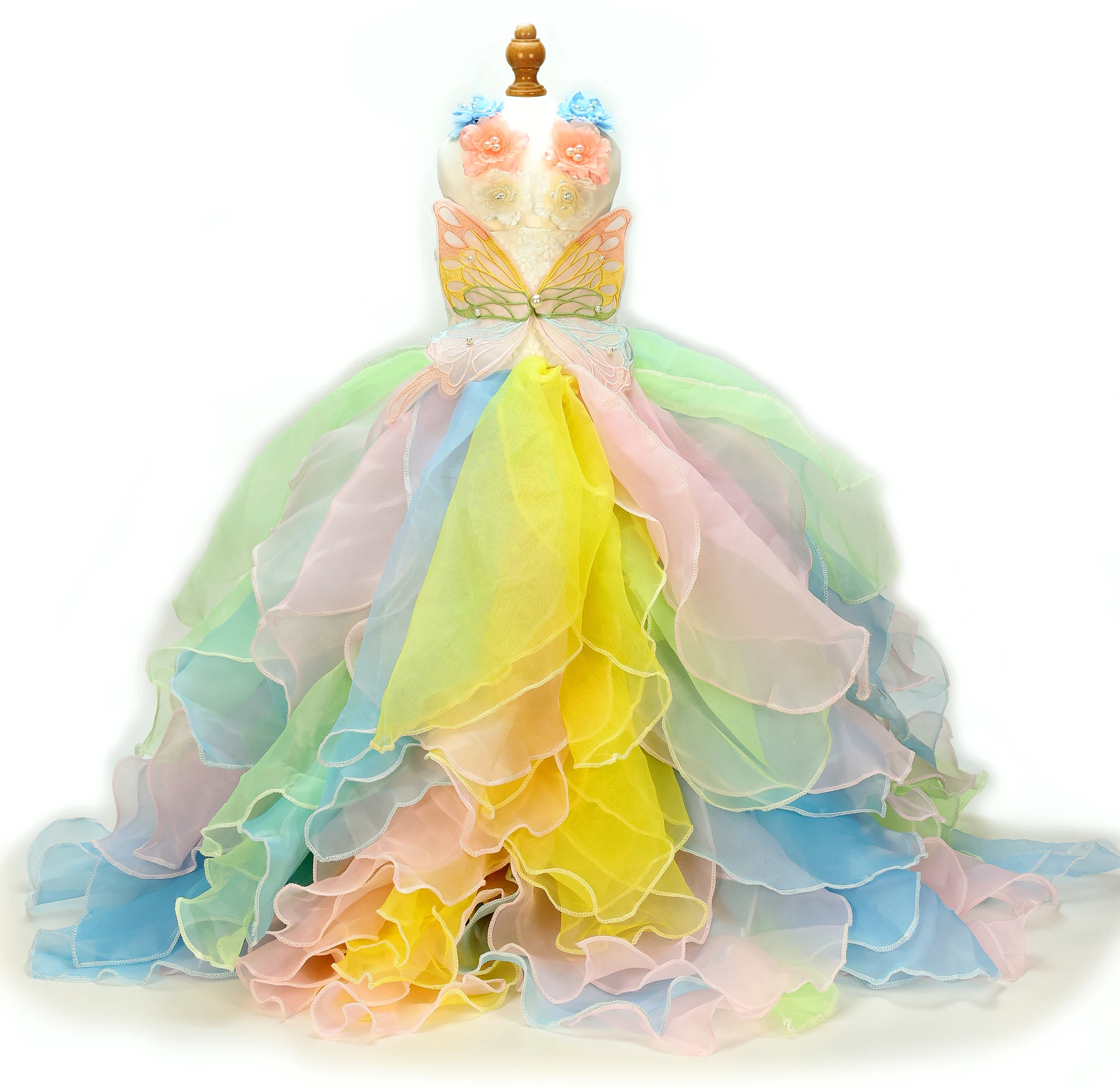Handmade Fairy Dog Dress Butterfly Wings Princess Style – Pastel Rainbow Tulle Gown for Small Pets
