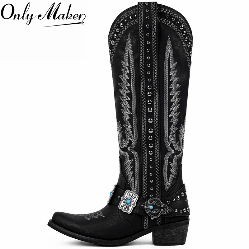 

Onlymaker Women Pointed Toe Embroidered Western Cowboy Boots Block Heel Adjustable Side Zipper Cowgirl Boots