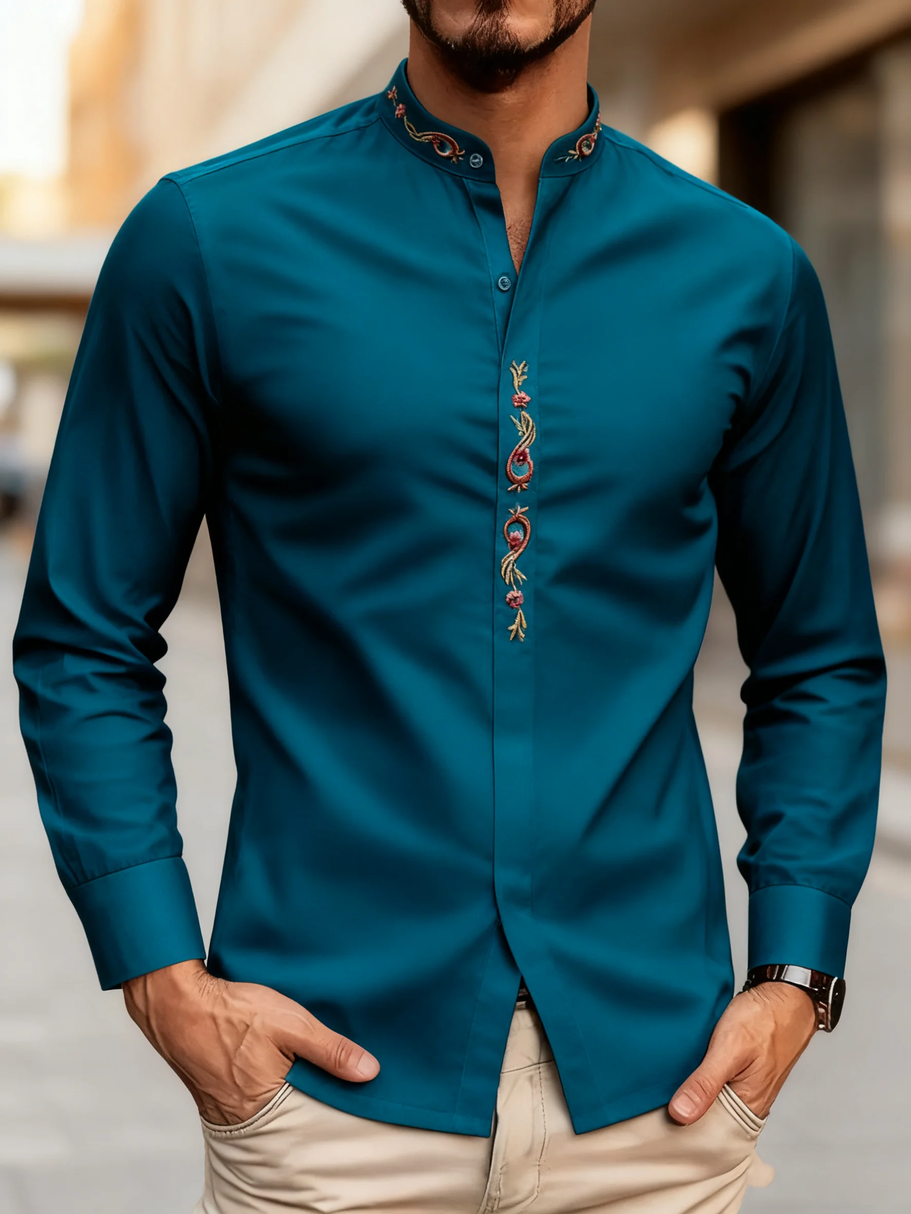 

Новая мужская простая и элегантная рубашка разных цветов. Ткань удобна и подходит для офисных банкетов.