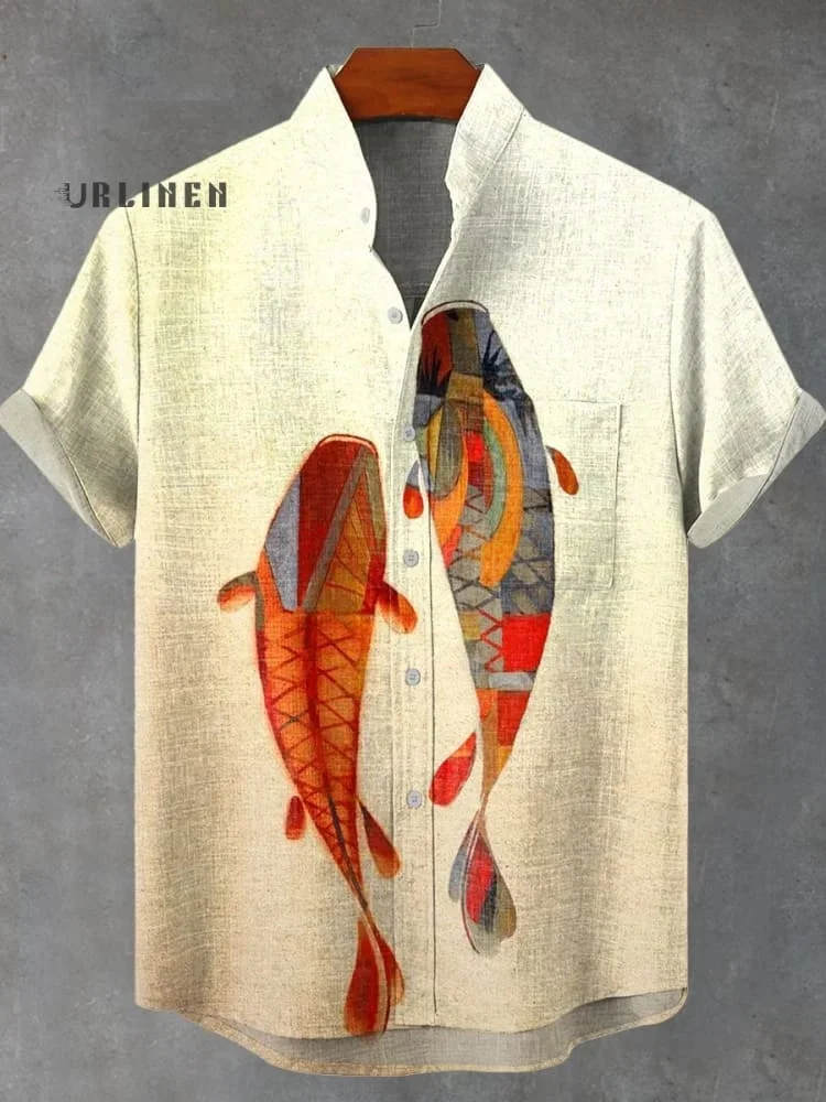 Новая мужская рубашка из льняной удобной ткани с короткими рукавами и принтом рыбы в стиле ретро, гавайская рубашка, быстрая доставка