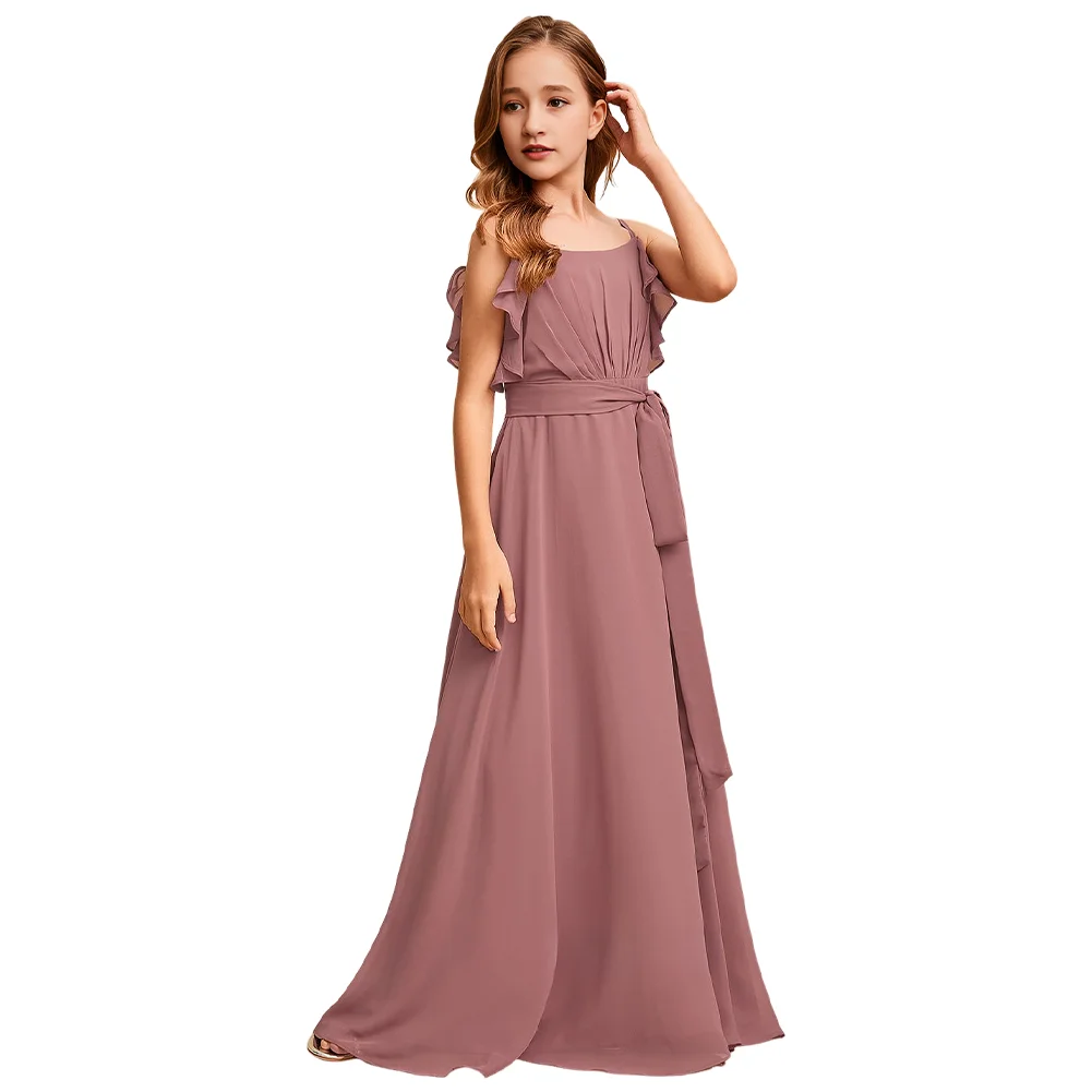 

Lavender Square Neck Junior Bridesmaid Dress Flower Girl Dress Chiffon A Line Floor Length For Girls Party Formal Wear