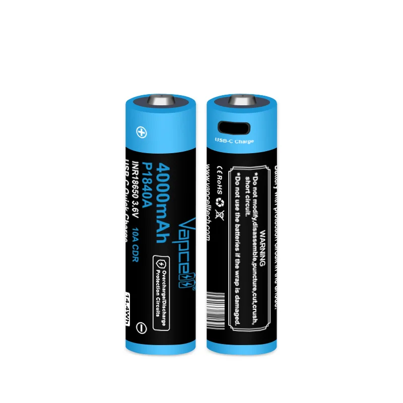 1-8pcs Original Vapcell P1840A 18650 Lithium Battery INR 18650 4000mAh 10A 3.6V USB-C Rechargeable Batteries For Flashlight