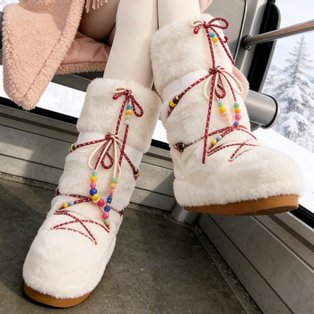 Women Furry Boots Round Toe Flat Slip-on Winter Snow Warm Boots Women Faux Fur Fluffy Warm Boot Fashion Outdoor Mid-Calf Boots Winter Party Flat Shoes