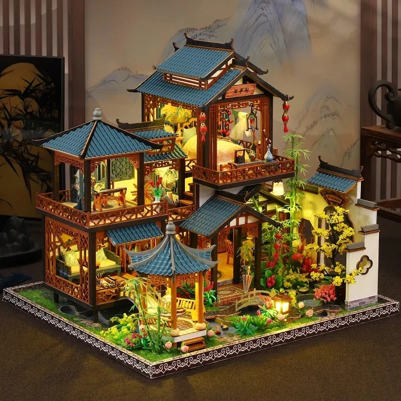 DIY groot poppenhuis houten miniatuur meubilair poppenhuis handgemaakte koffer model montage speelgoed voor kinderen meisjes verjaardagscadeautjes 2014 - afbeelding 2