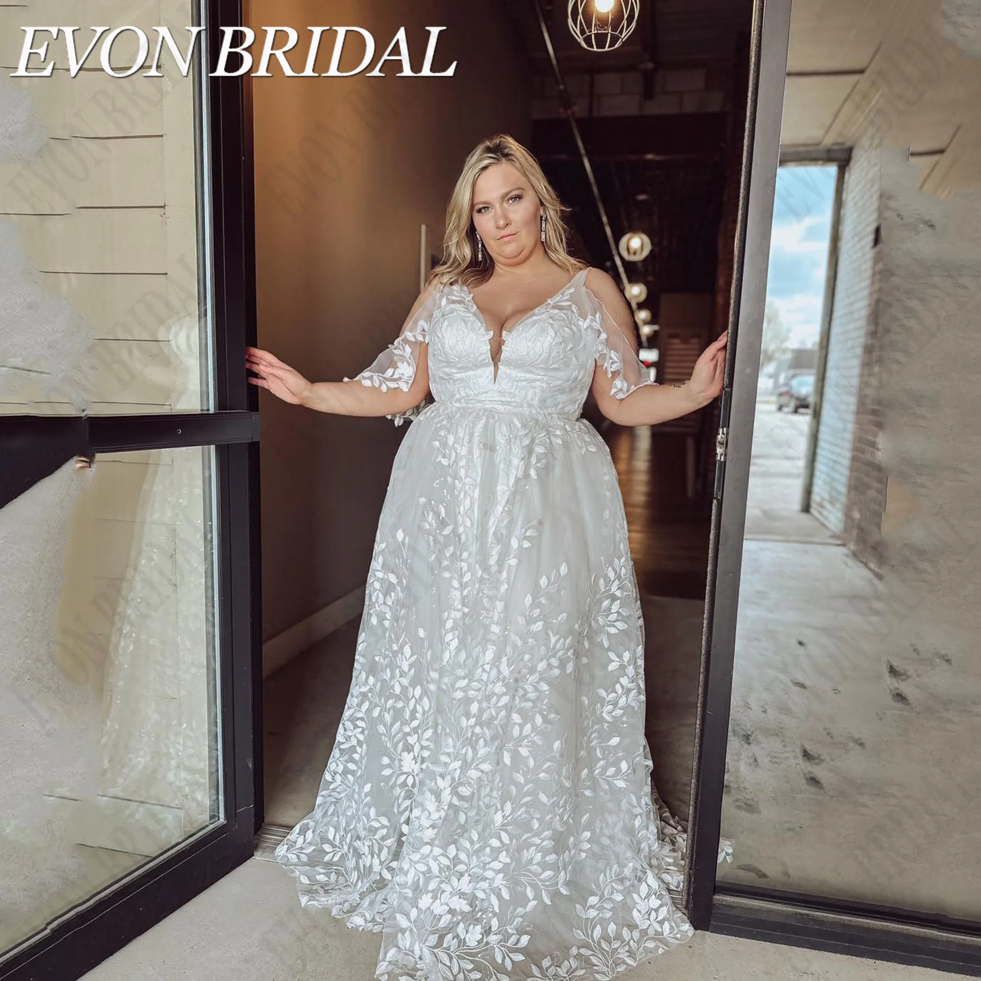 

EVON BRIDAL V-Neck Oversize Wedding Dresses Backless Applique A-Line Tulle Elegant Bride Party Dress Custom Made Bridal Gowns