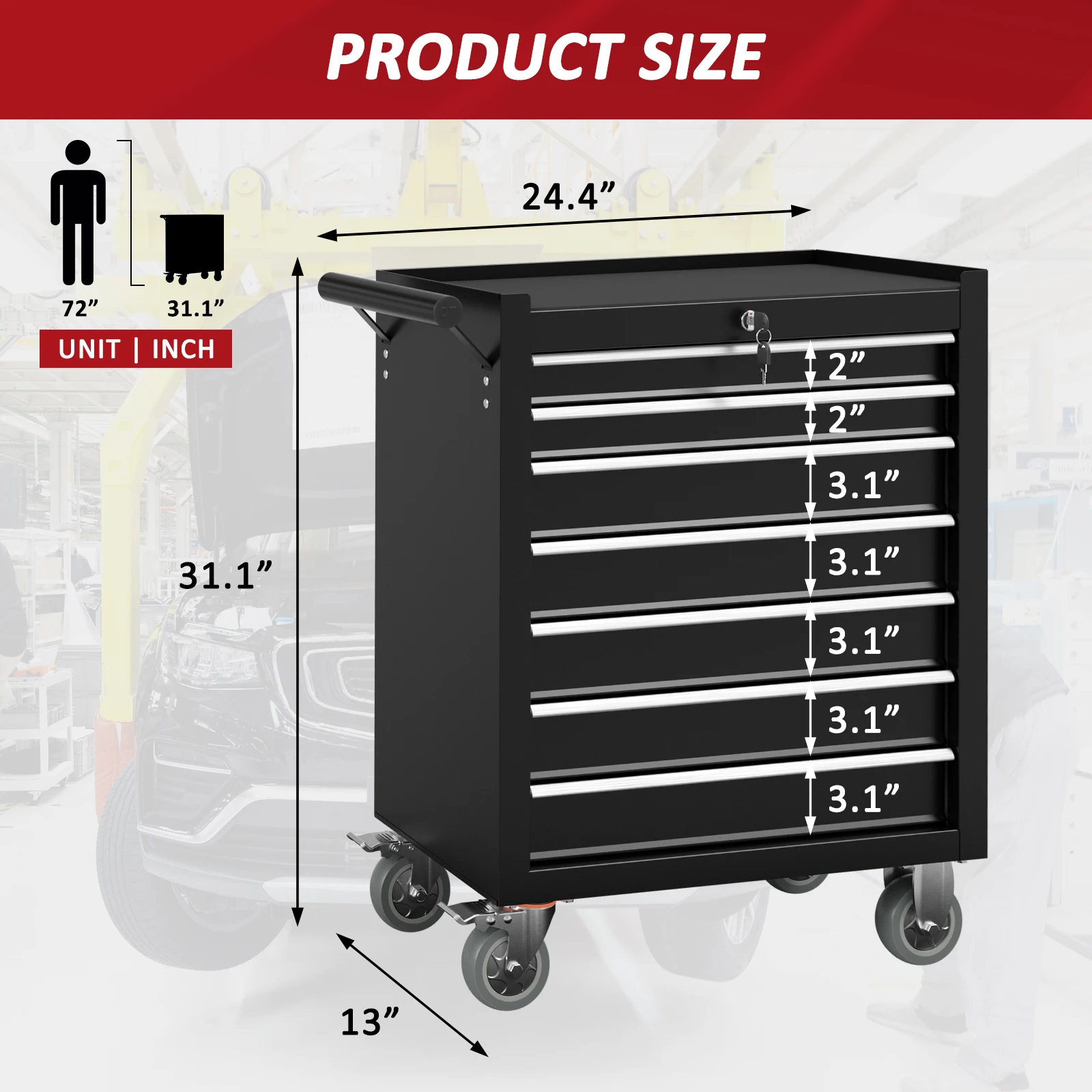 7-Drawer Heavy Duty Rolling Tool Cart with Lockable Wheels, Steel Tool Cabinet with Ball Bearing Slides for Garage, Workshop & Auto Repair