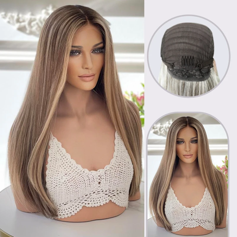 

13x4 Colored Synthetic Lace Front Wigs Brown Highlight Dark Roots Silky Straight Wig Blonde Pre Plucked Wig for Women Daily Use