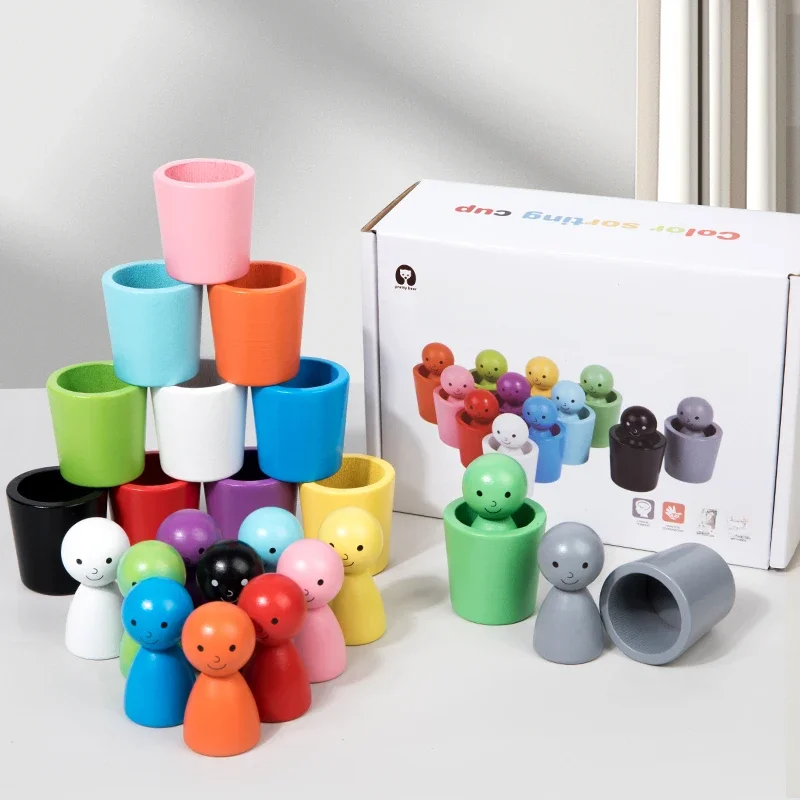Montessori Kleur Sorteren Speelgoed Kleuraanpassing Zintuiglijke Spel Houten Peg Poppen in Cups Vroege Onderwijs Leren Speelgoed Voor Peuter 3+ - afbeelding 2