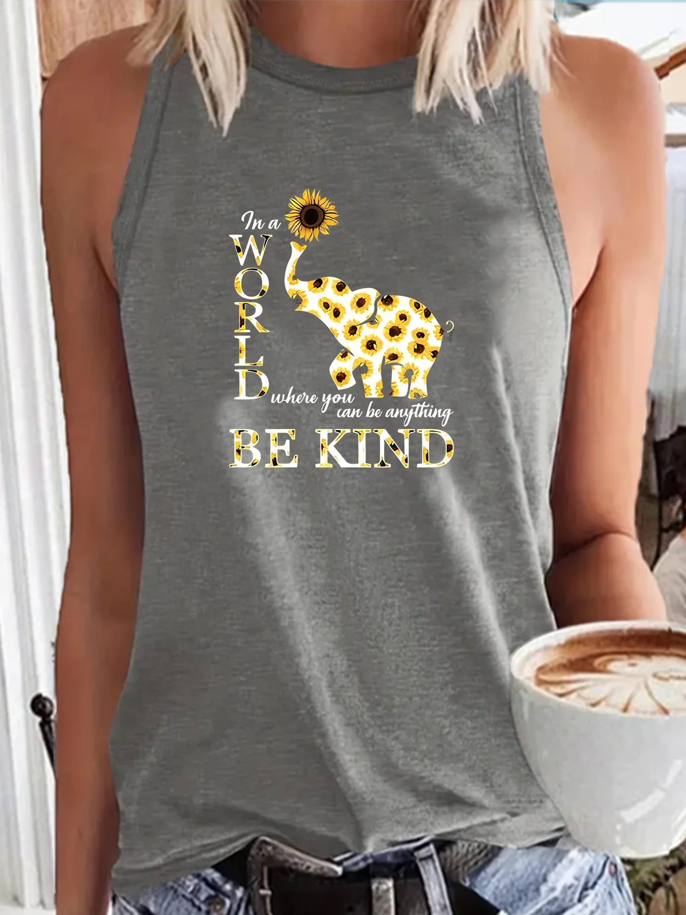 In A World Where You Can Be Anything Be Kind Elephant Fashion Funny Sports Women's Tank Top Loose O Neck Sleeveless Casual Tank