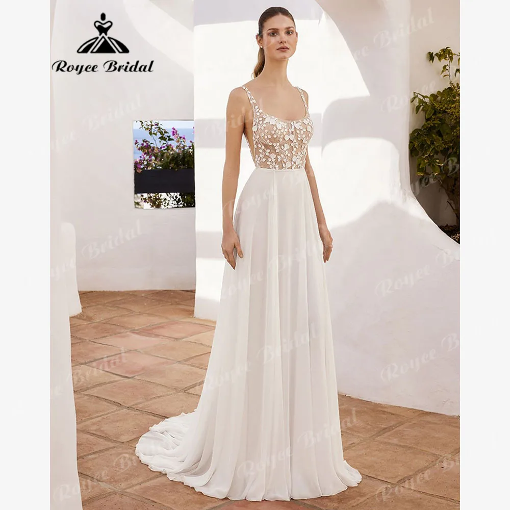 Summer Lace Appliques Chiffon Flowy Backless Wedding Dress for Women 2024 Bridal Gown Custom Made vestido de noiva romantico