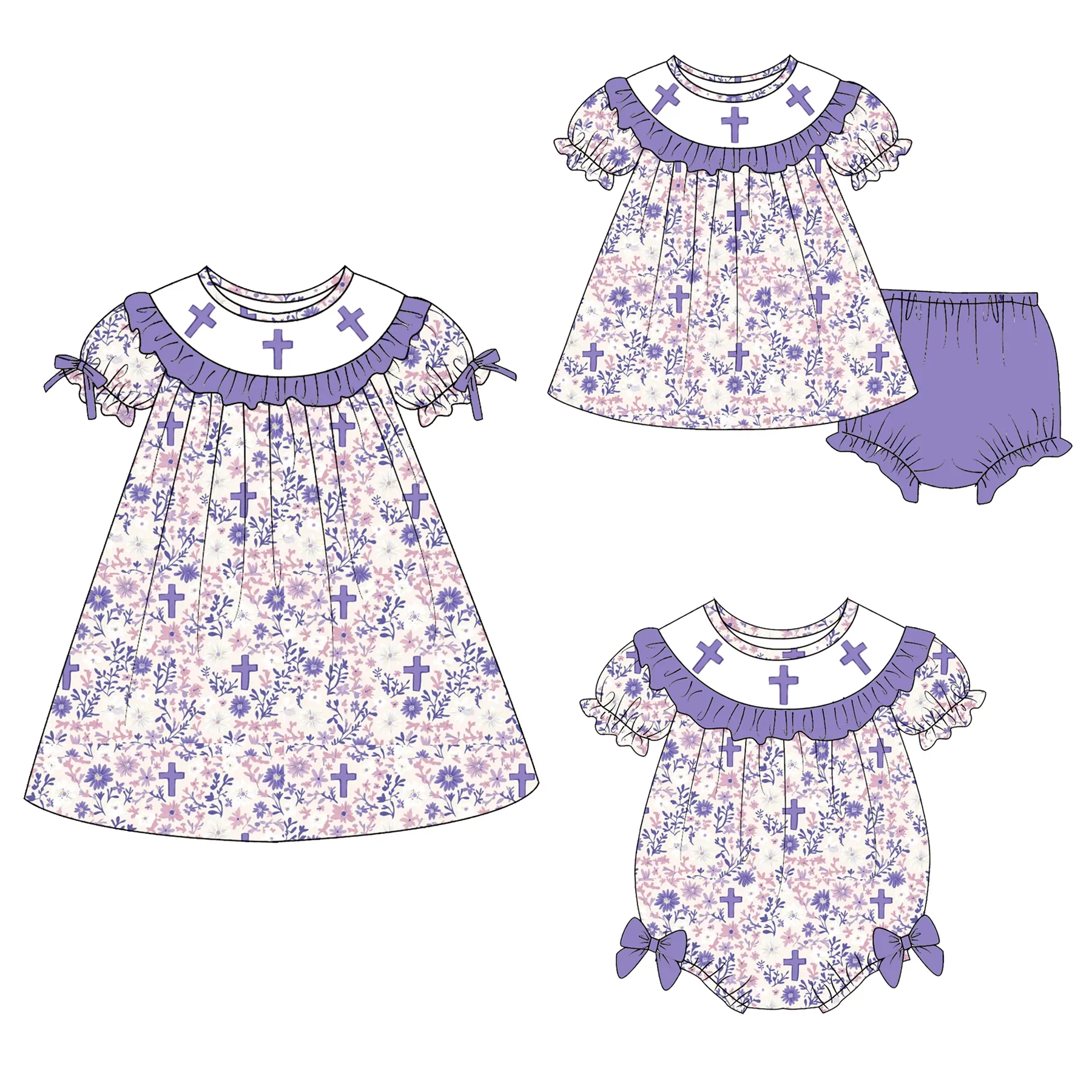 Easter Girl Series Boutique Children's Set Short-Sleeved Shorts Girl Set Rabbit and Flowers Print Baby Romper Dress