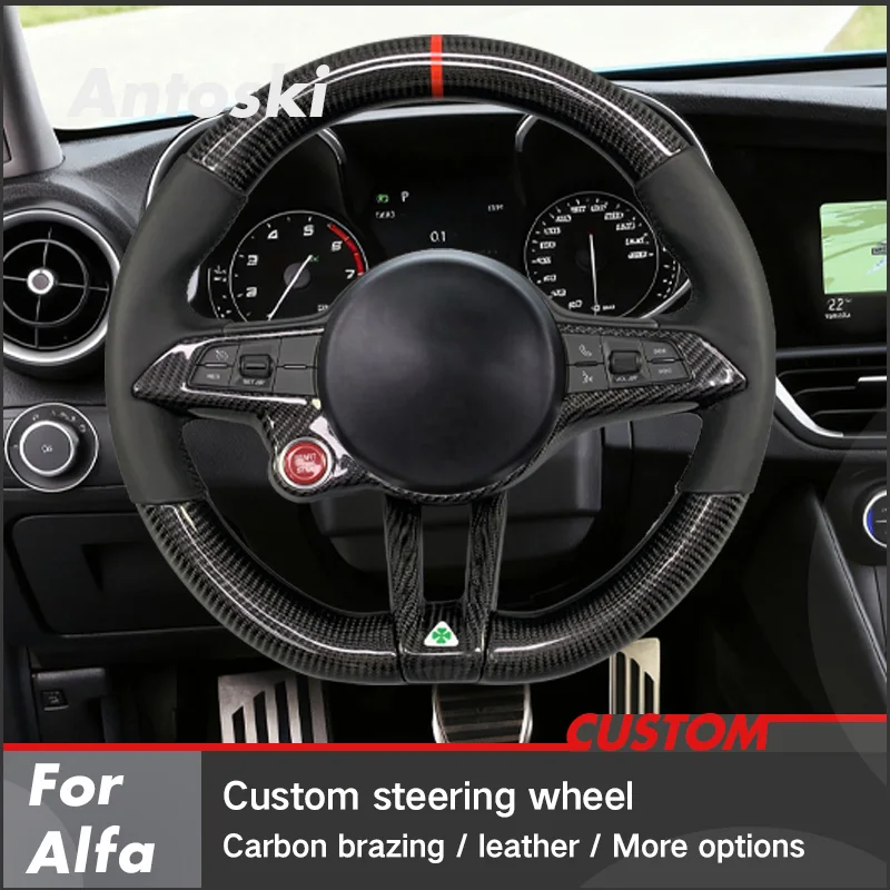 Custom Black Leather Carbon Fiber Steering Wheel for Alfa Romeo Giulia Stelvio 2014-2020 Sport Style Support Smart Display