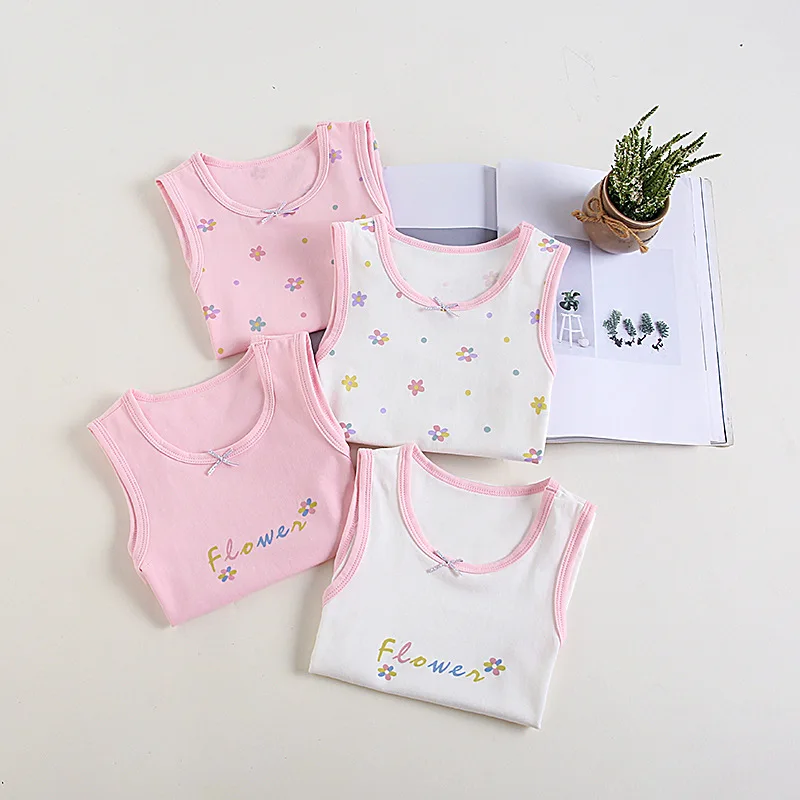 Girls Floral Cotton Fitted Tank Tops Multi-color Spaghetti Strap Singlet 4-Pack Underwear Shirt for Children Size 100-150