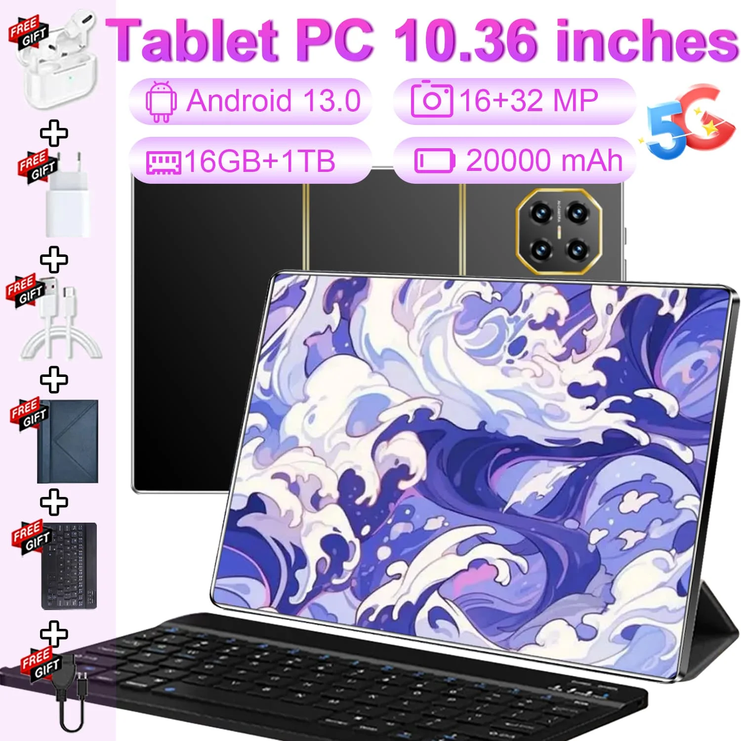Tablet con Llamadas Telefónicas, Versión Global 5G, 120000mAh, 16MP+32MP, 10.36 Pulgadas, Android 13, 16GB+1TB, WPS+5G WiFi, Bluetooth
