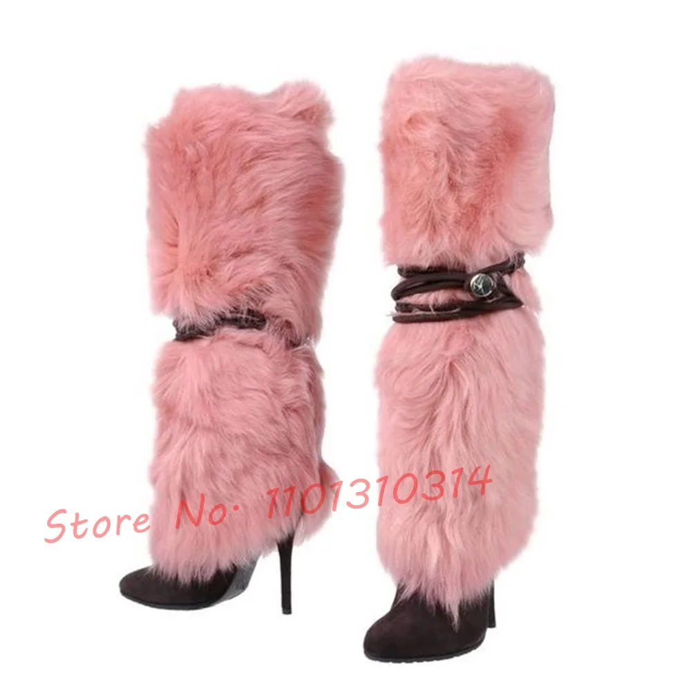 Pink Fluffy Knee-length Boots Women Black Cross Tied Winter Stiletto Heel Sexy Suede Snow Shoes Pointy Toe Trends Long Boots