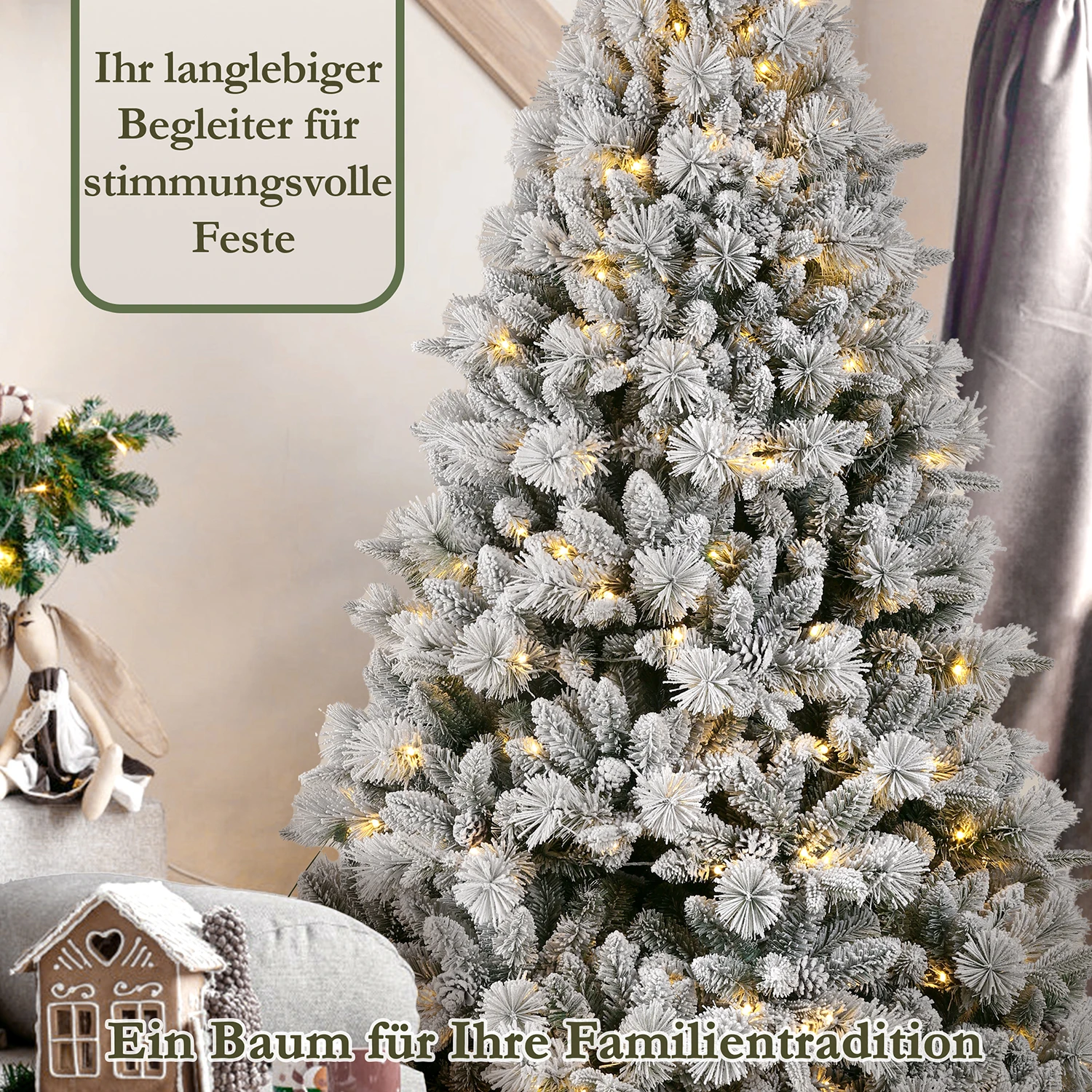 210 cm großer weißer Schnee-Kunstkerbaum mit 350 warmweißen LEDs, 1348 Spitzen, PVC + PE, Metallständer, faltbarer, einfach zu montierender Baum – Detail 4