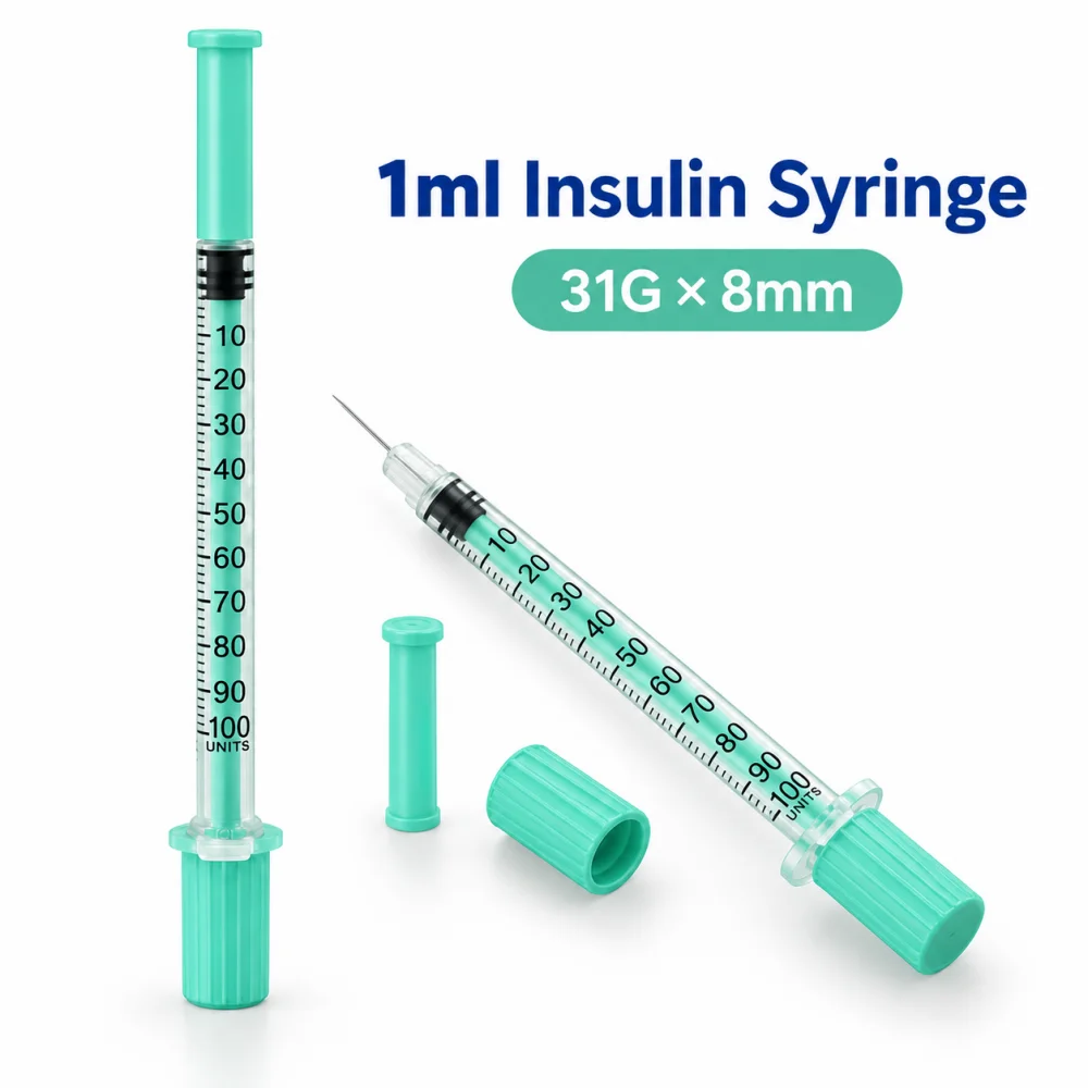 100pcs Mint Green Insulin Syringe 1ml 31G 8mm Disposable Sterile Injection Needle Individually Packed
