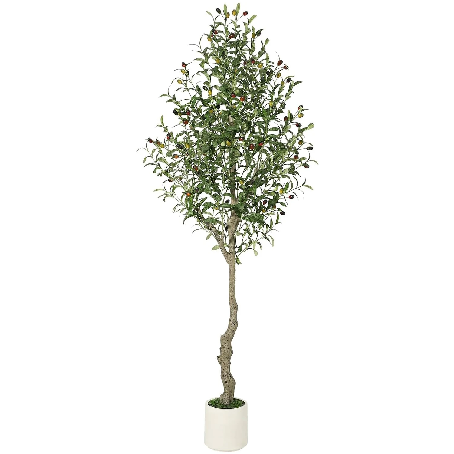 Arbre d'olivier artificiel de 1,80 m de haut avec pot blanc, oliviers artificiels d'intérieur, plantes artificielles avec tronc en bois naturel et fruits réalistes pour la décoration de la maison et du bureau