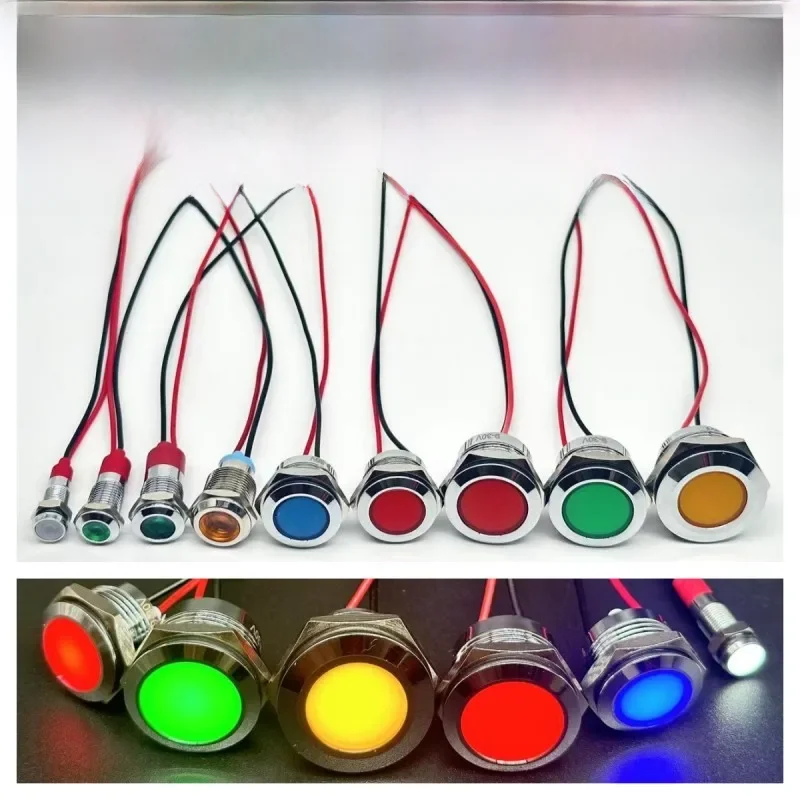Lumière indicatrice LED en métal 6/8/10/12/16/19/22MM, étanche, avec fil, 3V 5V6V12V 24V 220V, rouge/jaune/bleu/vert/blanc
