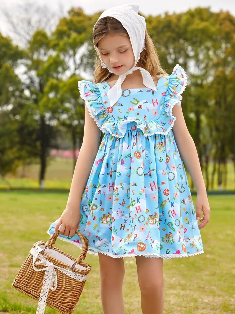 Girls Blue Dress Summer Floral Printed Princess Dress With Ruffles