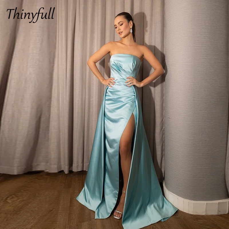 

Thinyfull Mermaid Long Evening Party Dress Strapless Sleeveless Satin Prom Dresses 2024 Split Dubai Arabic Formal Party Gown