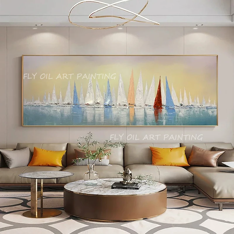 

100% Handmade ocean sea with sailboat landscape Oil Painting Porch Aisle For Living Room Artwork