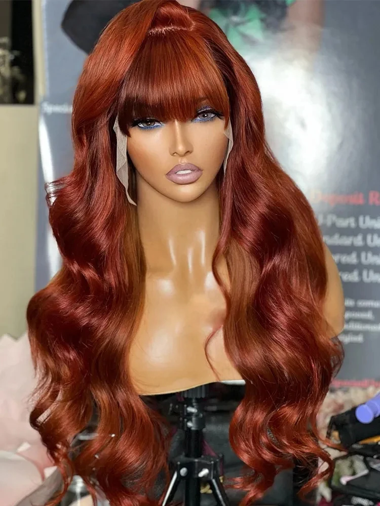 Reddlish Brown 13x6 Lace Frontal Body Wave Human Wig With Bangs Glueless HD Lace Front Wig Colored Cheap Hair Wigs With Bang