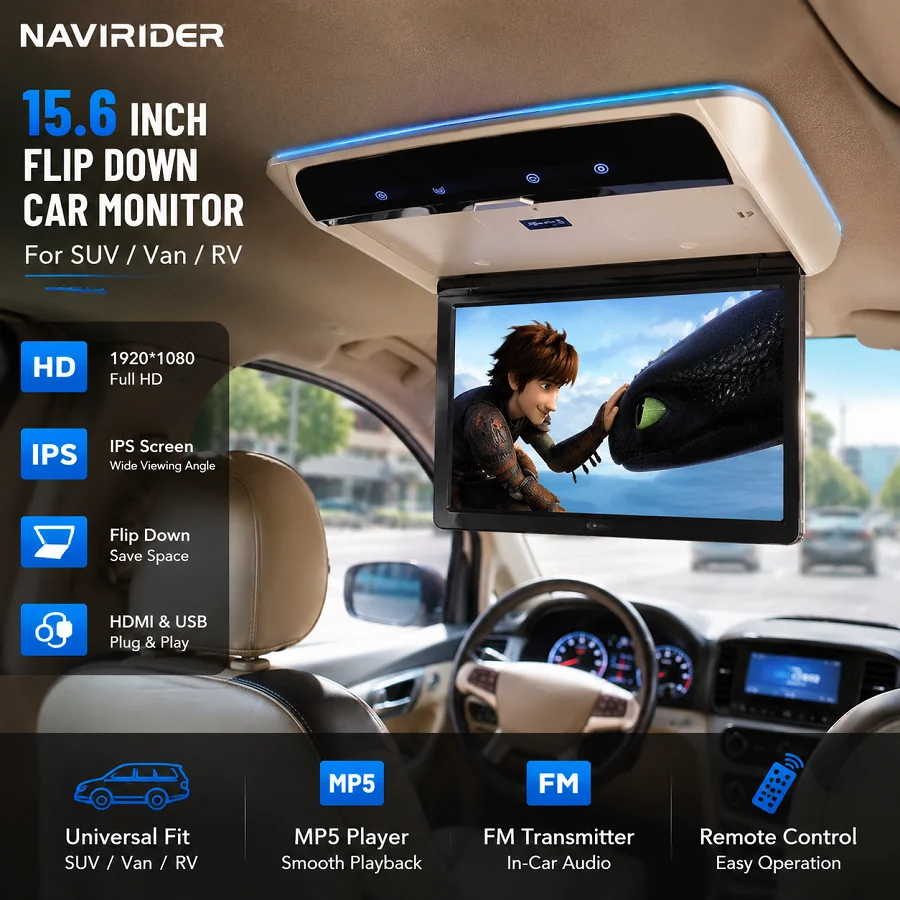 15.6 Inch Universal Flip Down Car Roof Monitor Overhead Ceiling TV Screen MP5 Multimedia Player HDMI USB FM Music Playback