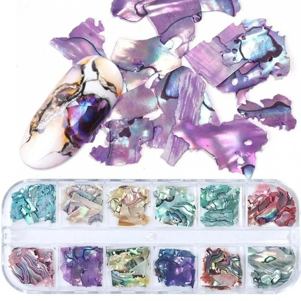 12 wzorów/pudełko 3D nieregularne plastry muszli Abalone muszla morska fragment płatki Mix koraliki do paznokci/Rhinestone/perła/nity Charms, li1 — zdjęcie 2