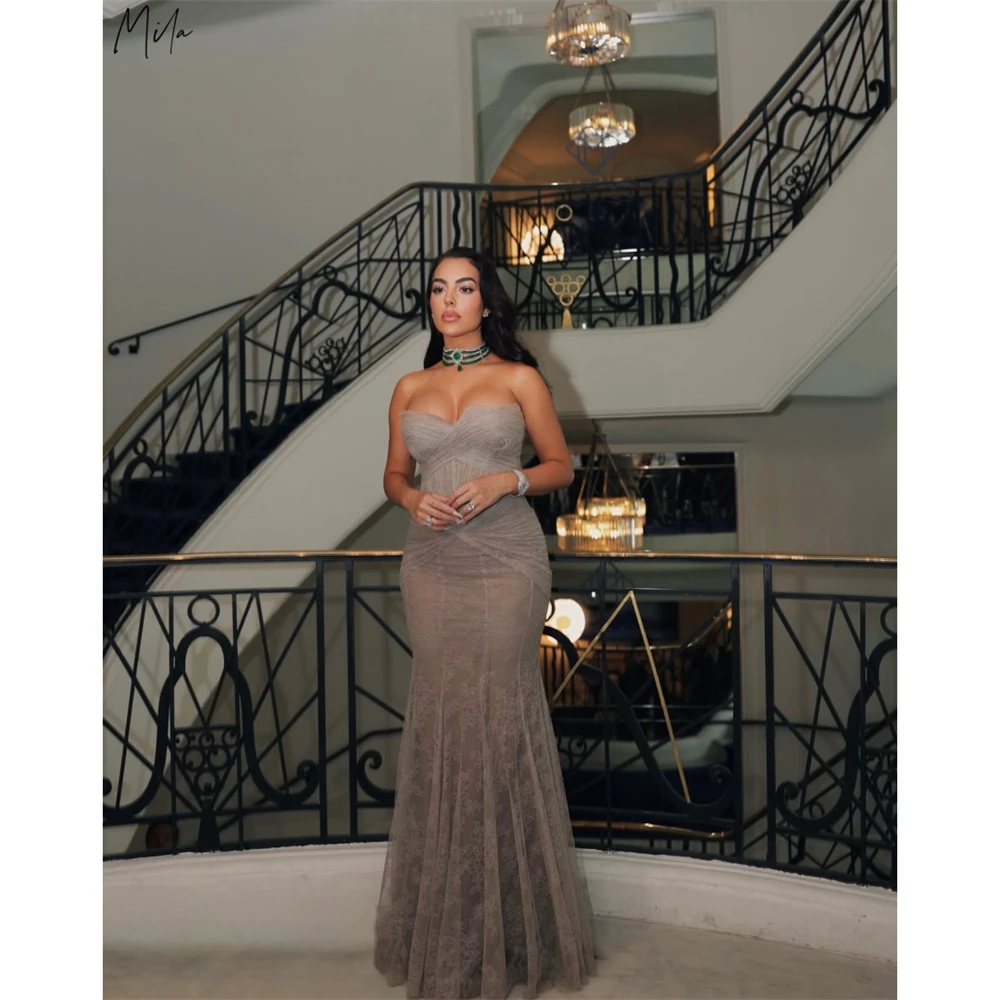 Vestido de Fiesta Personalizado Mila, Color Taupe, Estilo Sirena, Sin Tirantes, Fruncido, con Encaje, Elegante, Sin Mangas, Formal, Largo hasta el Suelo