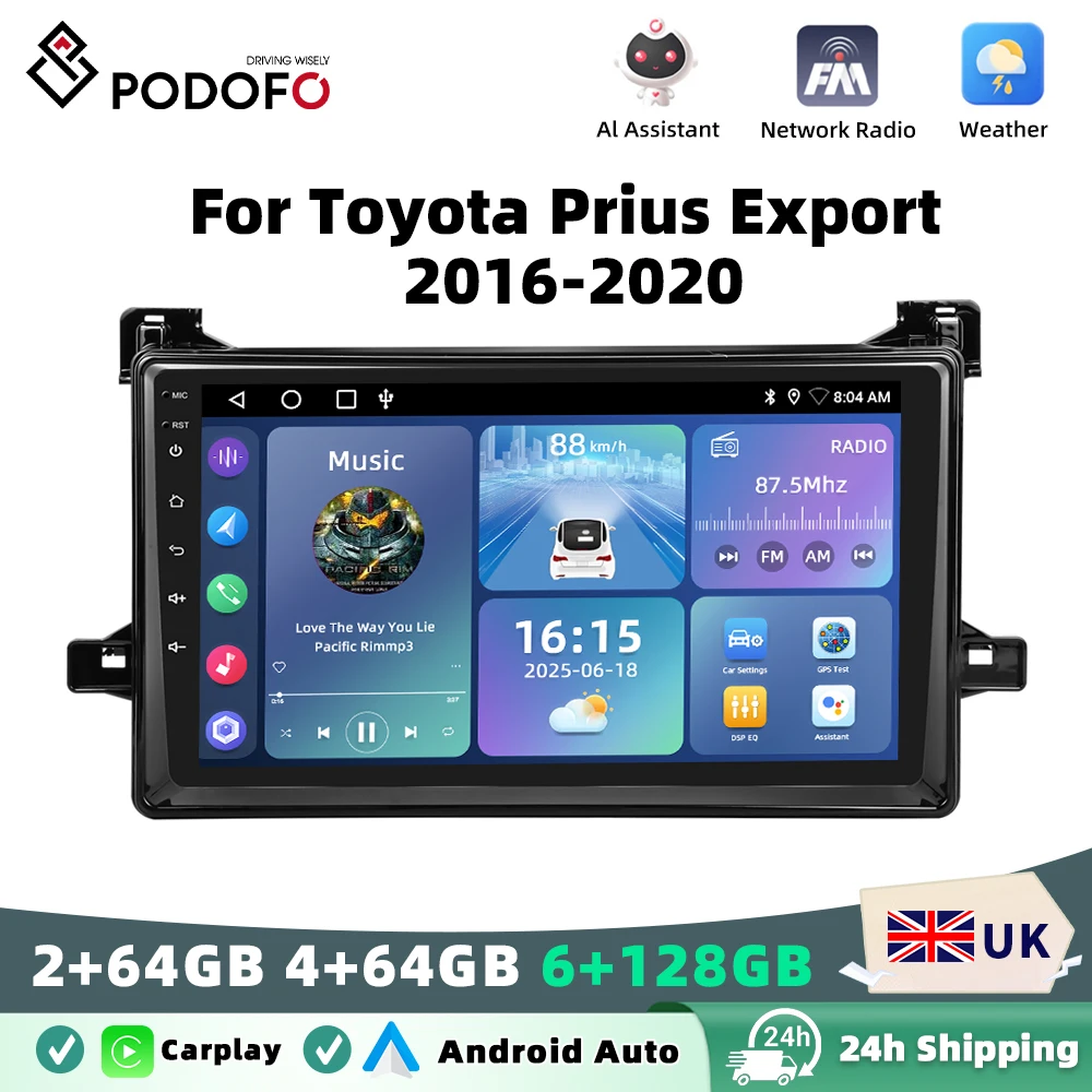 Podofo Android Car Radio For Toyota Prius Export 2016-2020 Android Auto Multimedia Player GPS Navigation RDS BT Head Unit