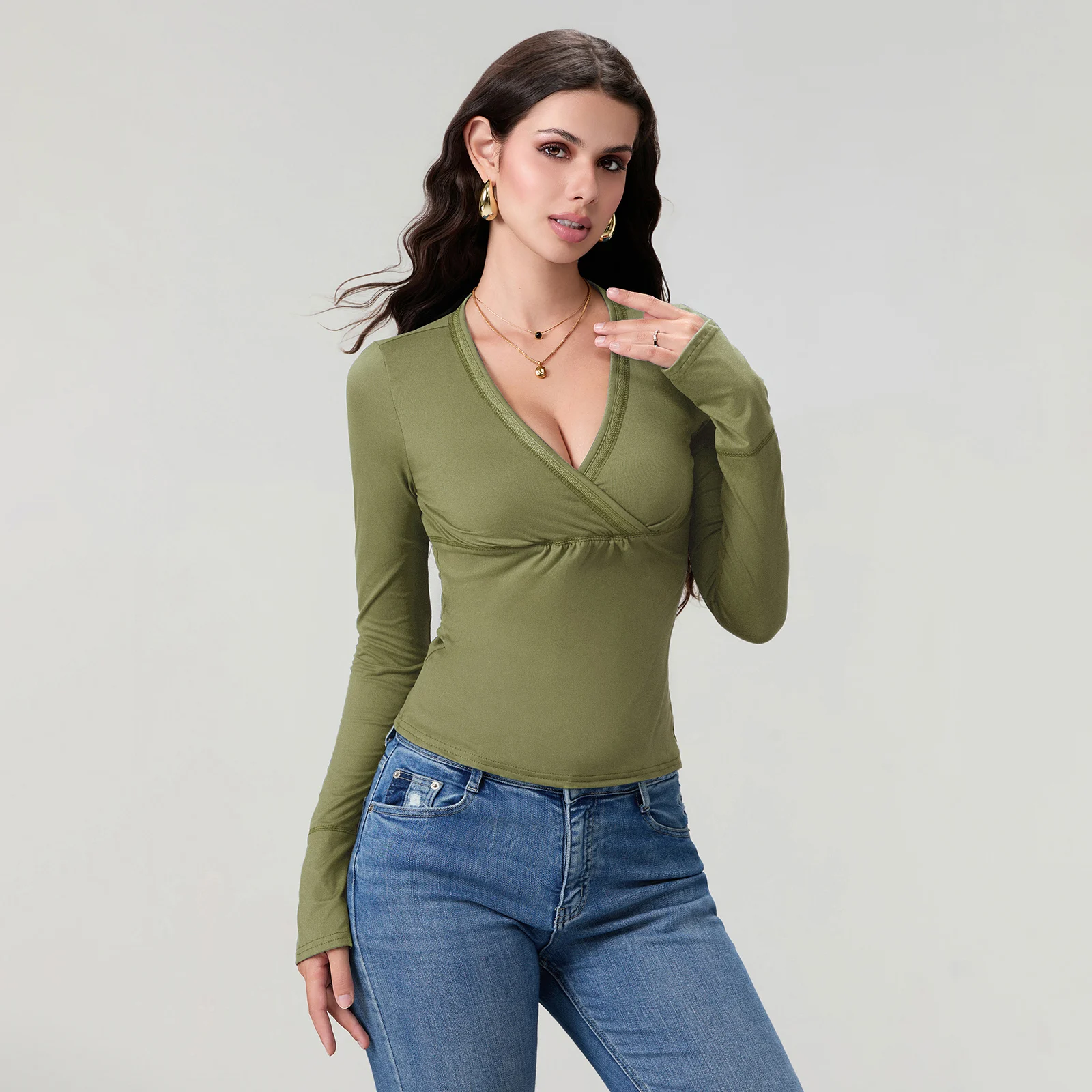 

Women's Spring Summer Slim Fit Tops Solid Color Long Sleeve Wrap V-Neck Basic T-Shirt Streetwear