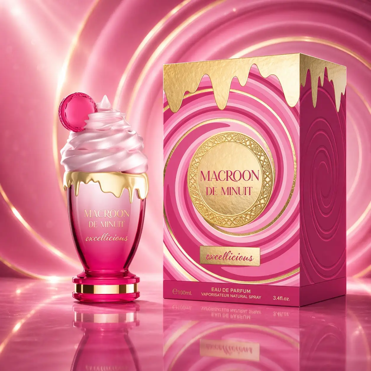 Macroon De Minuit, parfum Sweetlicious, 100 ml. Parfum féminin doux et gourmand aux notes de citron, un cœur de macaron français et de rose, et une base de vanille et de crème d'amande.