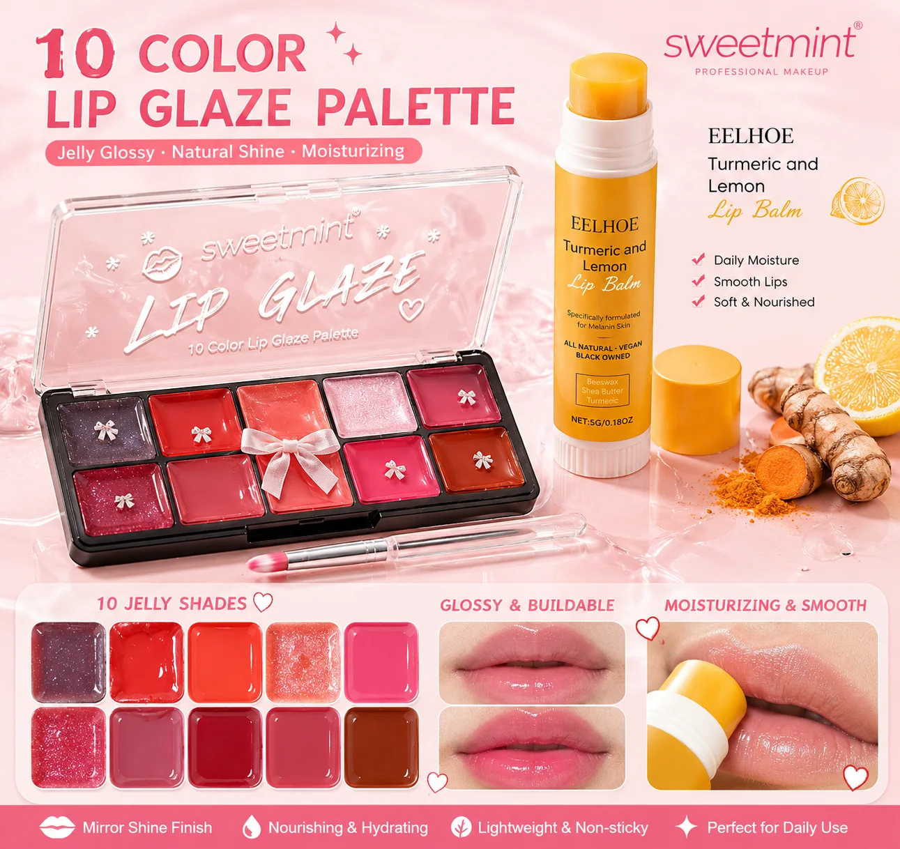 10 Color Lip Jelly Palette Turmeric Lemon Lip Balm Set Glossy Mirror Lip Gloss Moisturizing Lip Care Daily Makeup Cosmetic Kit
