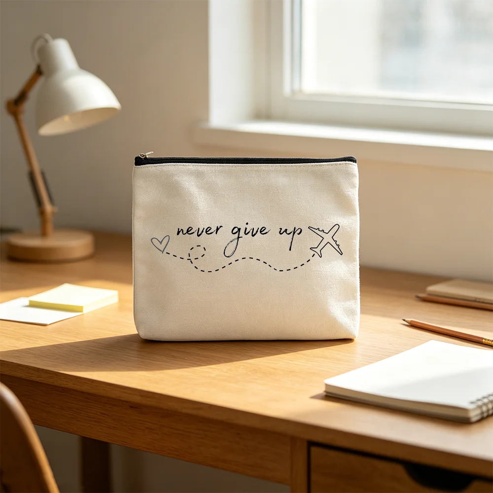 Never Give Up Airplane Heart Pattern Cosmetic Makeup Bag, Inspirational Quote Zipper Pouch, Portable Travel Storage Pencil Case.