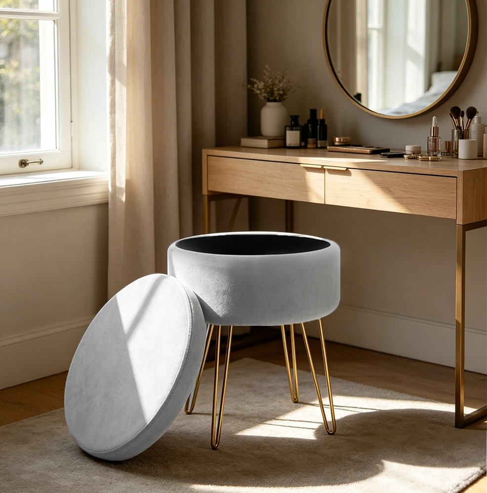 Taburete Puff Redondo Acolchado con Almacenamiento, Otomana con Base Metal, Reposapiés Multifuncional Salón Dormitorio Tocador