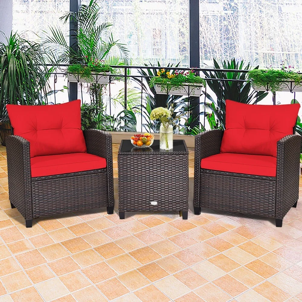 

3PCS Outdoor Patio Rattan Conversation Set w/ Coffee Table Red Cushion
