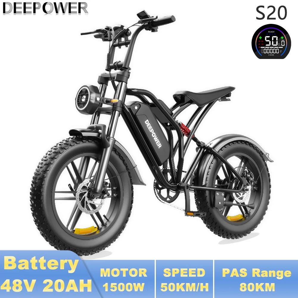 DEEPOWER S20 E-bike 1500W piekvermogen 48V 20Ah Off-Road elektrische fiets LCD display 20-inch brede banden All-Terrain elektrische fiets