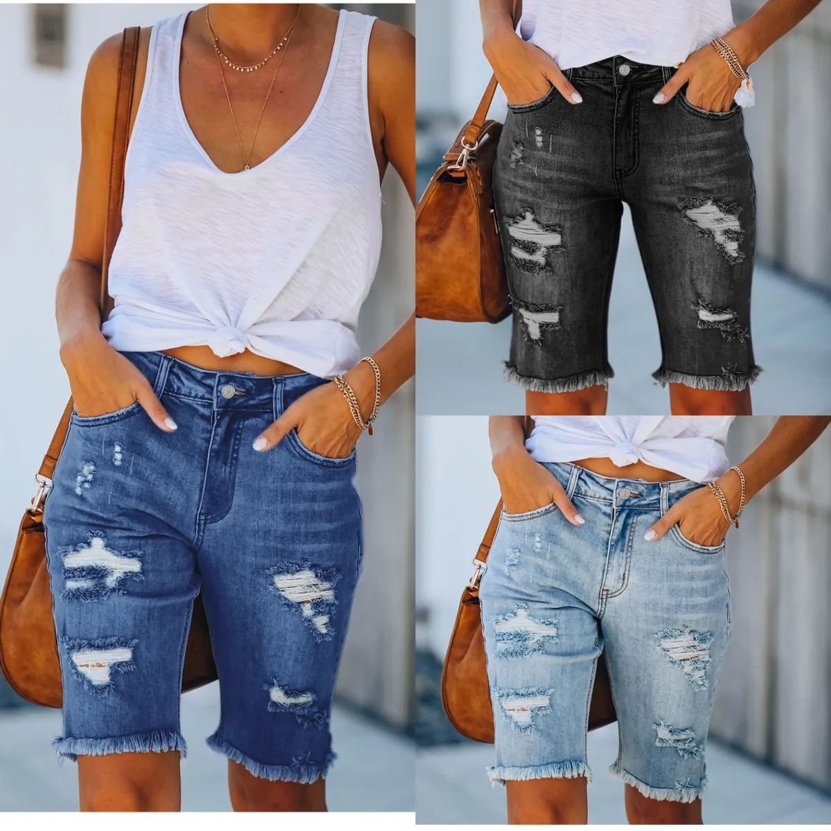 2023 Mùa Xuân/Mùa Hè Mới Nữ Rách Tua Rua Quần Short Denim Thời Trang Thun Cao Cấp Ôm Đầu Gối Chiều Dài Quần Short Denim 7 phong Cách S-2XL