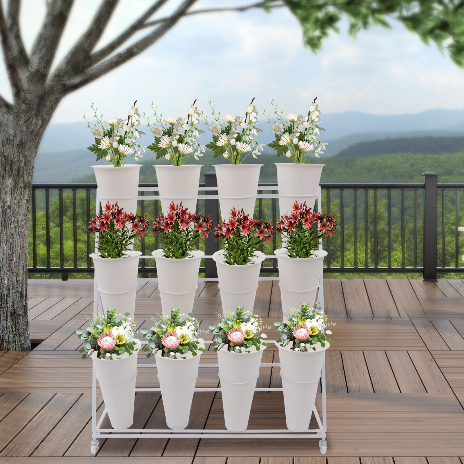 Flower Display Stand, 3 Layers Flower Bar Stand 12PCS Buckets, Heavy Duty Moving Plant Cart Shelf for Outdoor Flower Pop-Up