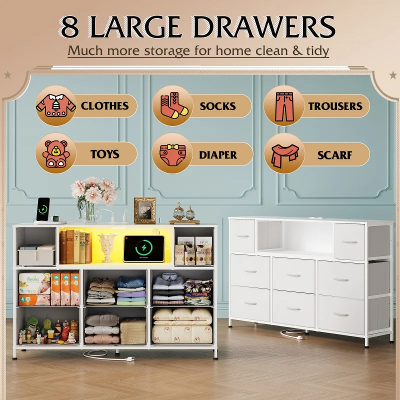 GALAXHERO 8 درج قماش مضمد محطة شحن أضواء LED حامل تلفاز تخزين الصدر رفوف مفتوحة غرفة نوم غرفة المعيشة خزانة