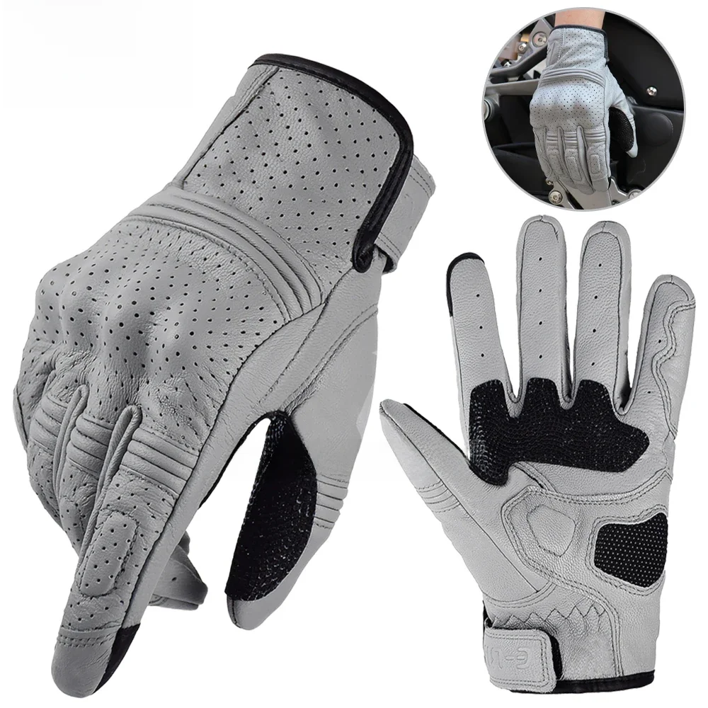 AliExpress ALPINES FOX Retro Motorcycle Leather Gloves Perforated Summer Breathable Touch Screen Motobike Cycling Accessories Full Finger Protective