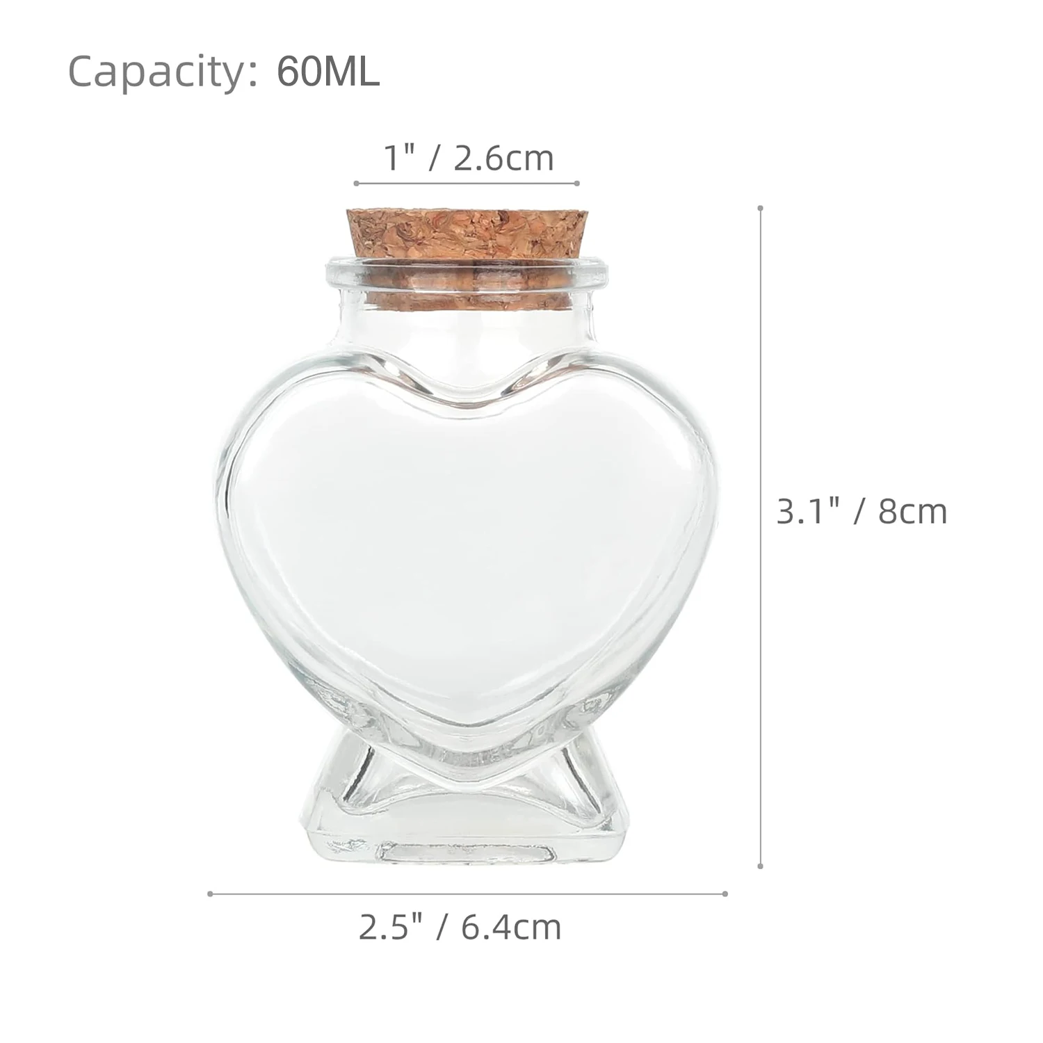 Decorative Glass Bottles with Cork Stoppers 60ML. Heart-Shaped Bottles