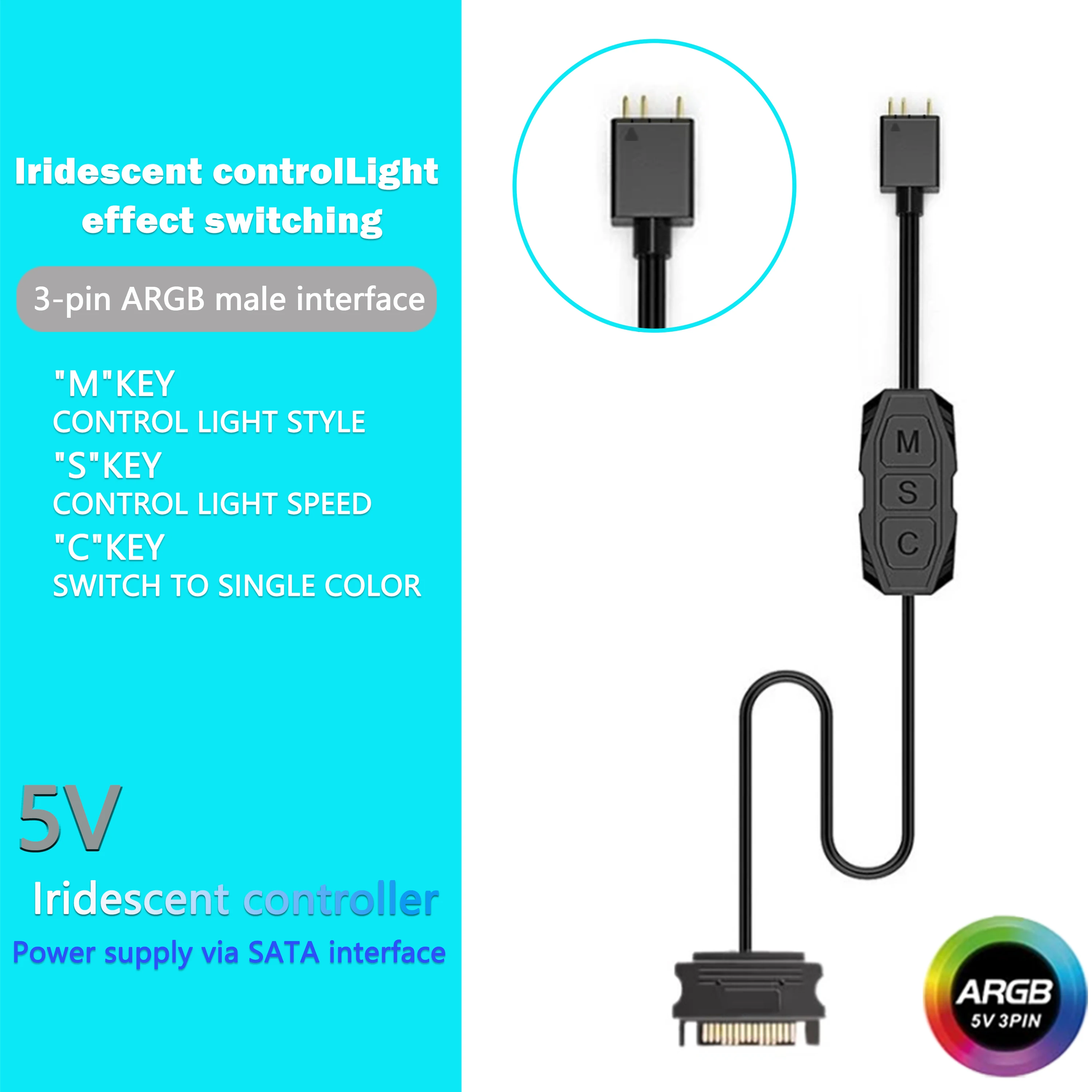 ARGB PC Fan Lighting Controller  5V 3-Pin Mini ARGB Splitter, SATA-Powered ARGB PC Fan Controller with Multiple Lighting Modes