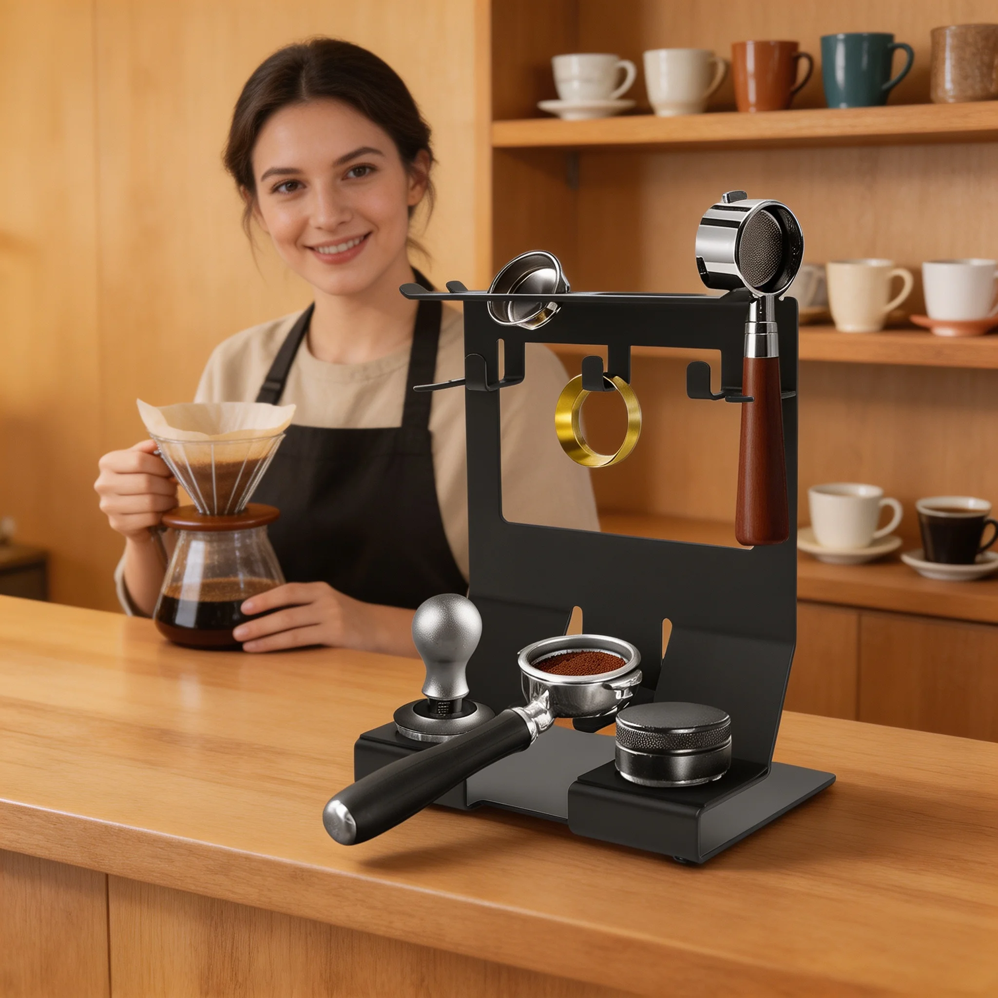 58mm Metall-Kaffeezubehör-Aufbewahrungsregal Schwarz Multifunktionale Tamper-Station Platzsparende Organisierte Aufbewahrung für Küche, Café, Kaffeehaus, Barista